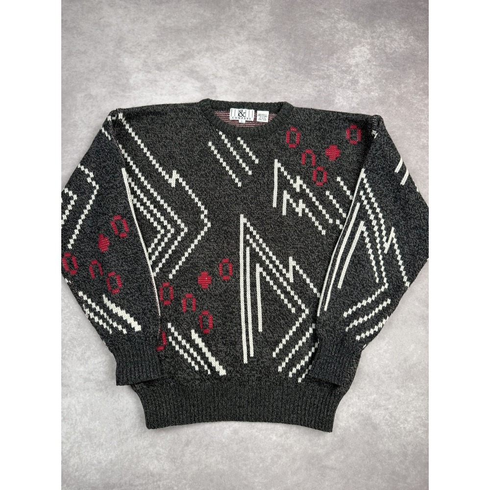 Vintage & Company Sweater‎ Mens Large Gray White Red Geometric Knit Pullover 90s